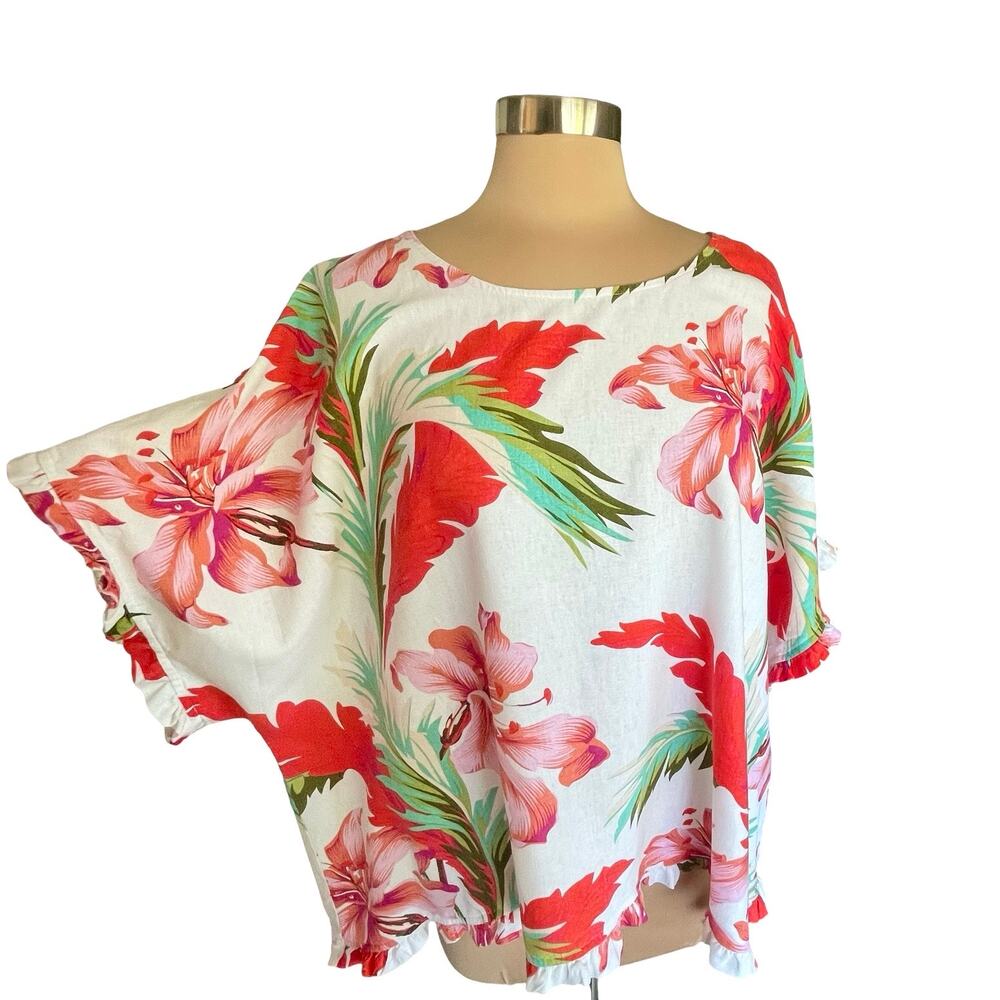 For‎ Cynthia Linen Blend Bold Tropical Print Top Sz XL/XXL Ruffles Resort Summer